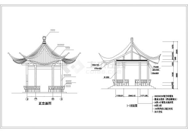 某地钢筋混凝土直径5米六角亭CAD施工图-图一