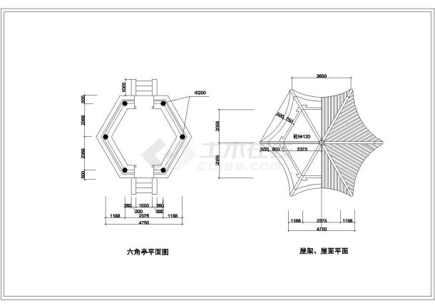 某地钢筋混凝土直径5米六角亭CAD施工图-图二