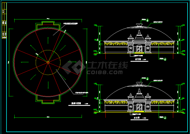 单层圆形展厅建筑设计图（平立剖及说明）-图二