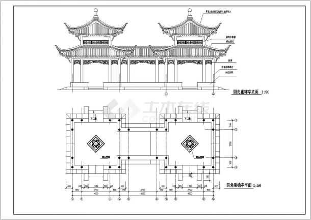 中国式古建重檐式四角亭建筑施工图-图一