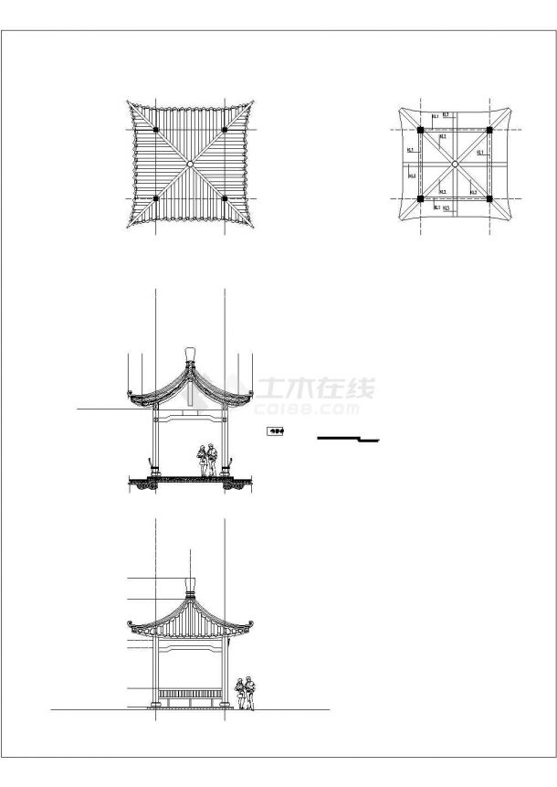 古典景观四角亭设计CAD施工详图-图一