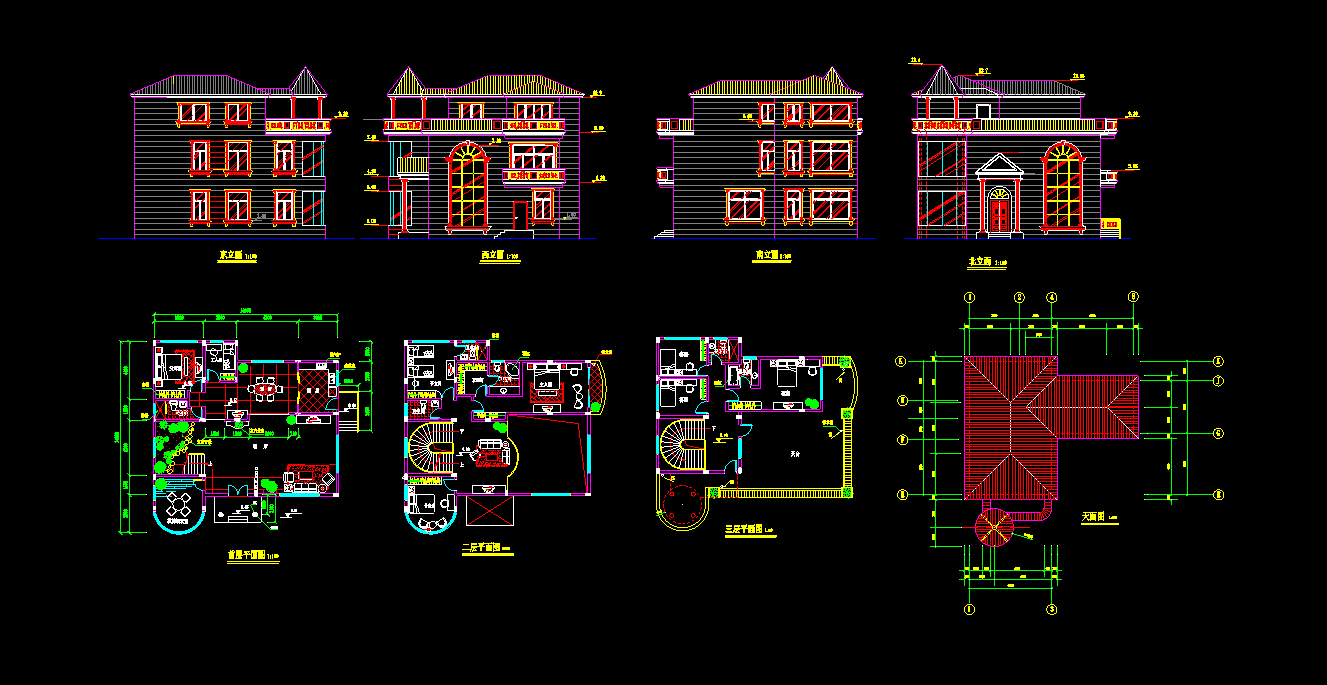 经典别墅方案CAD平立面设计施工图