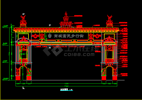 东莞南城步行街门楼建筑施工CAD方案设计图-图二