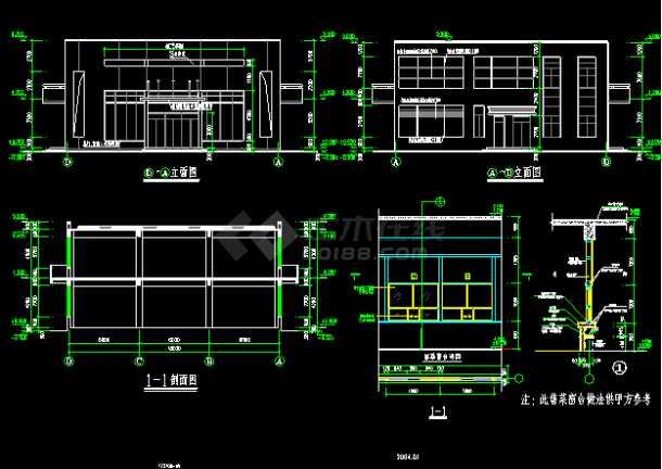 某地食堂建筑施工设计平立剖CAD图-图二