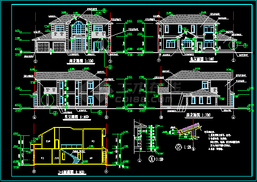 天虹花园别墅建筑施工设计CAD方案平立剖图-图二