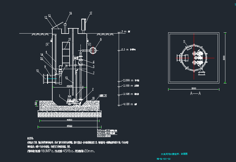 污水泵站CAD平剖面图（含说明及设备表）