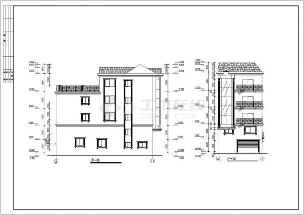 某小住宅楼建筑施工CAD设计平立面图-图二