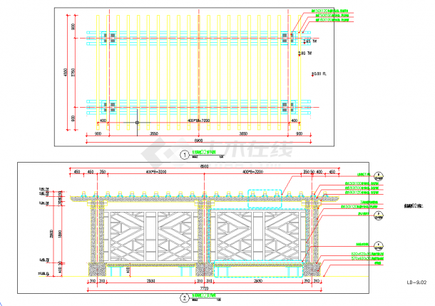 中式休闲廊架木结构图（内含平、立、剖面）-图二