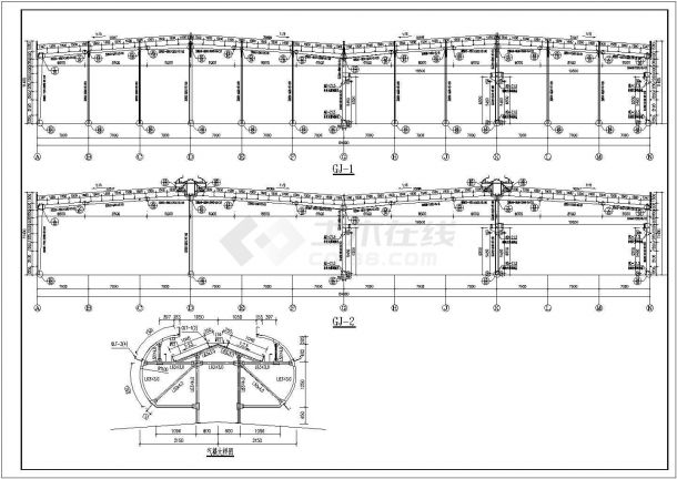 某地区4×21M跨有吊车钢结构厂房设计施工图-图一