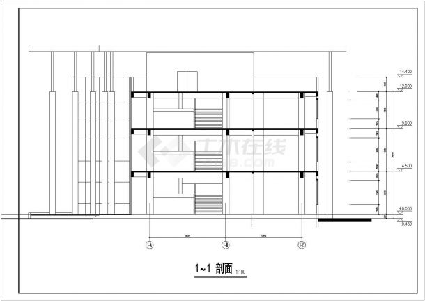 某地三层框架结构弧形酒店建筑施工图-图二