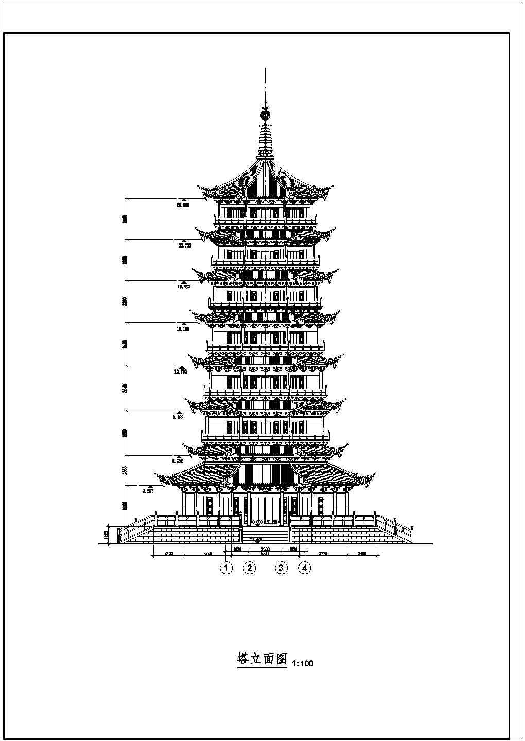 桂林市七层框架结构中式仿古塔建筑设计施工图