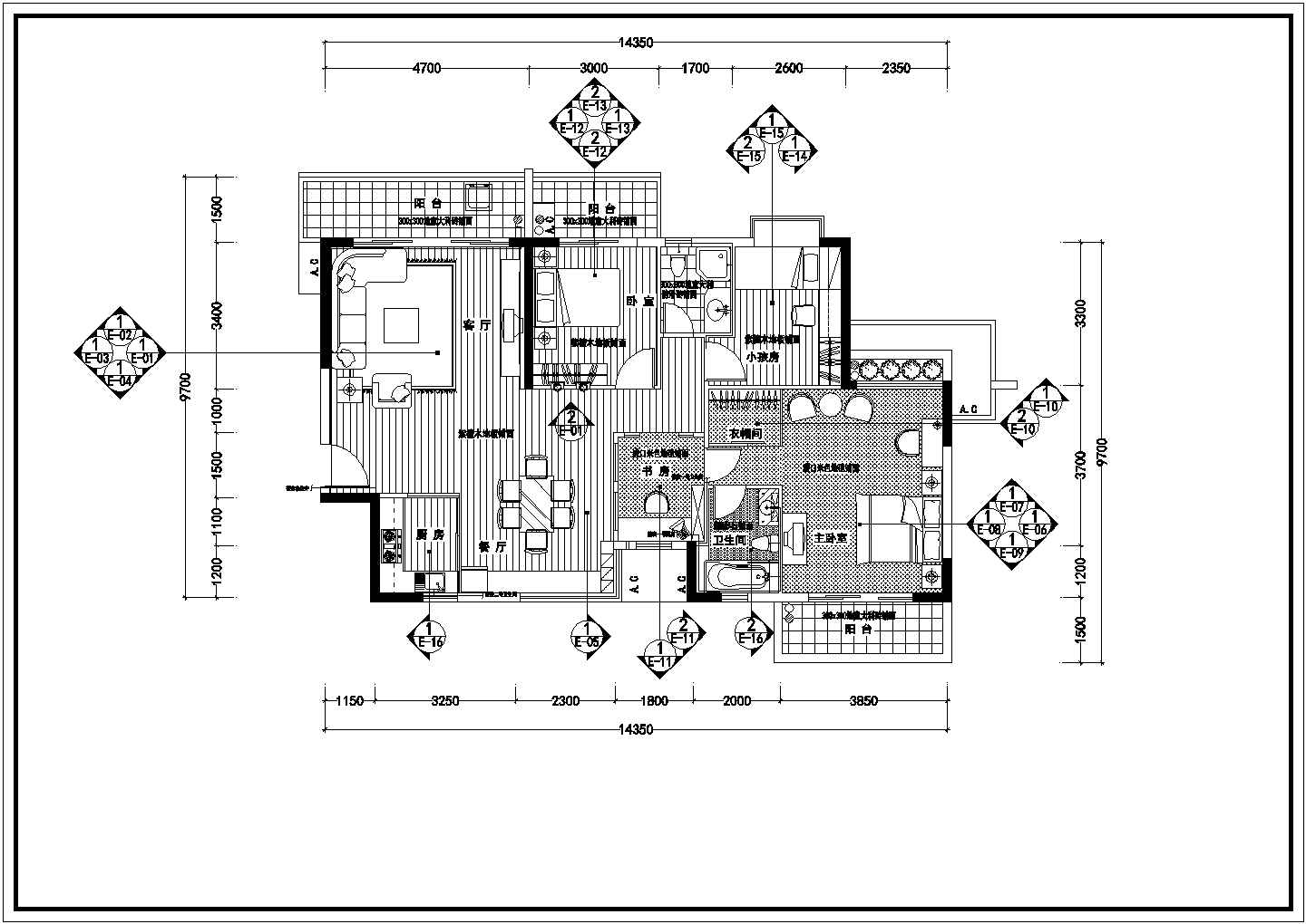 某地三室两厅一厨两卫户型现代简约风格装饰设计施工图