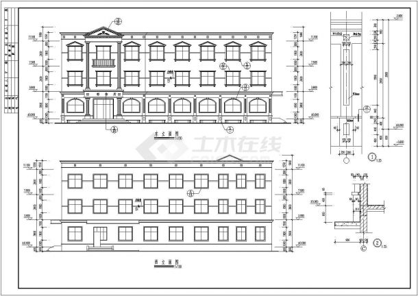三层砖混结构服务中心建筑设计CAD施工图纸-图一
