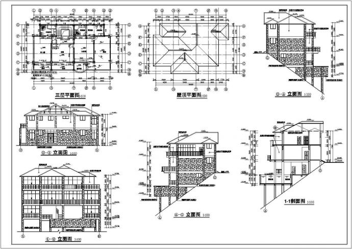 某地三层框架结构山地别墅建筑设计方案图_图1