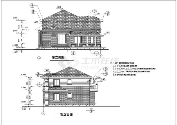 江苏省两层砖混结构美式别墅建筑设计施工图-图二