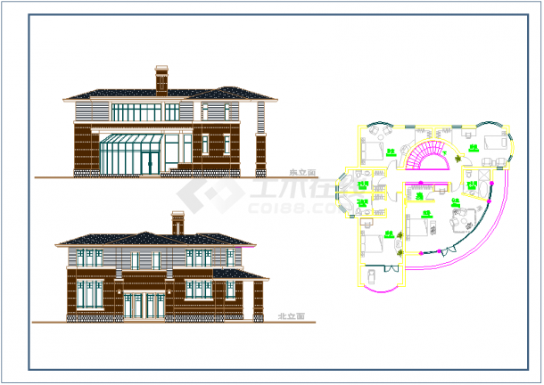 [方案]某二层北美风格弧形别墅建筑方案图-图一
