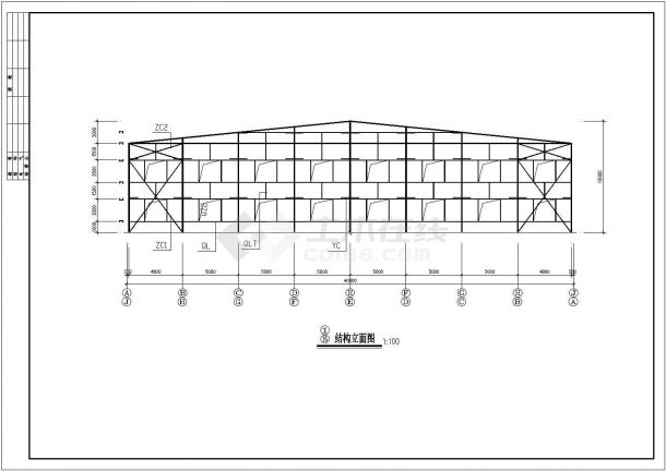 某地区单层平面管桁架机械厂厂房结构施工图-图一