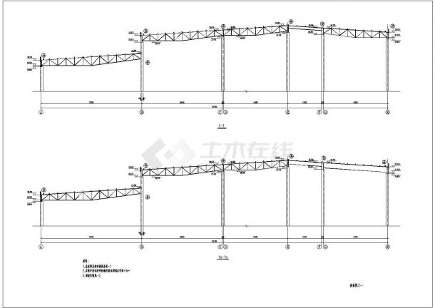某地多跨桁架结构钢屋架结构施工图-图二