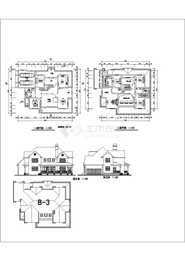 三套多层小别墅建筑设计cad方案图集-图二