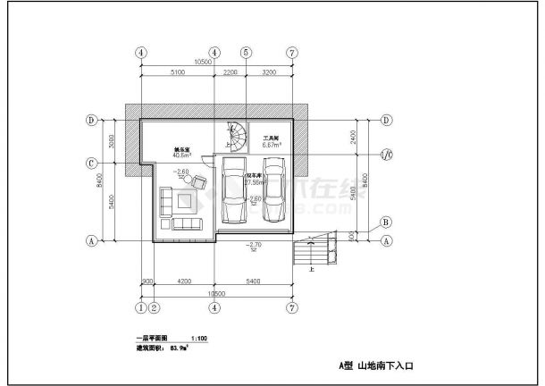青岛市某山地别墅户型建筑方案设计CAD布置图-图一