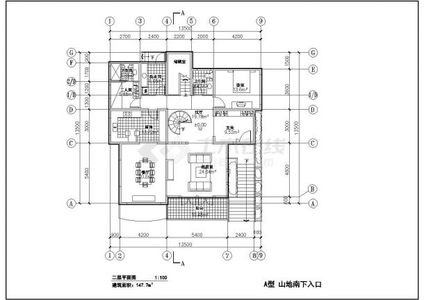 青岛市某山地别墅户型建筑方案设计CAD布置图-图二