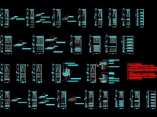 各种高度的衣柜立面及剖面,配件