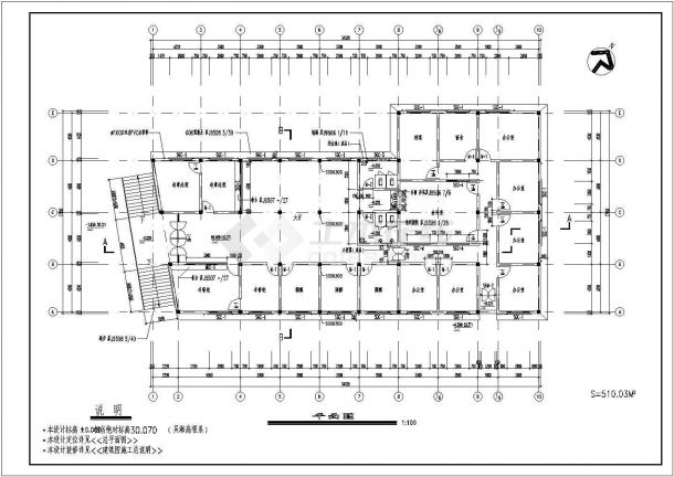 某砖混结构510平方米单层办公大厅全套建筑方案图-图二