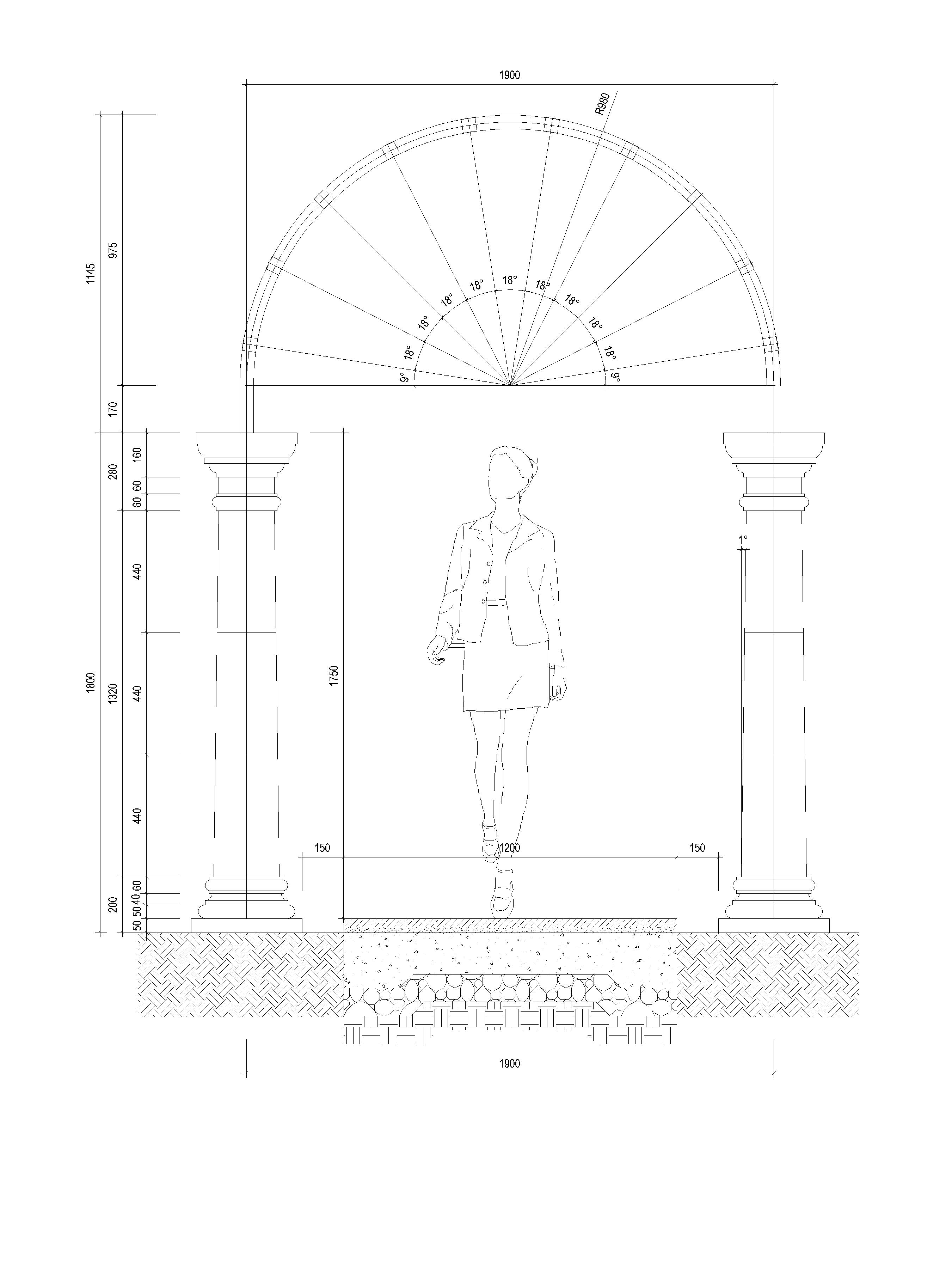 欧式 铁艺拱形 欧式柱 廊架 氟碳漆饰面 平立剖 节点及结构全套施工图