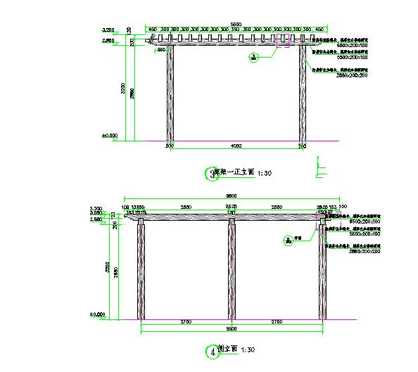 新中式 木质廊架 钢混柱子基础 平立剖 节点及结构做法详图_图1