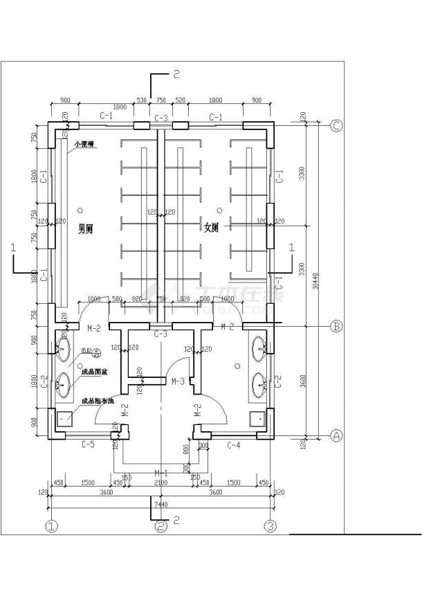 某单位单层砖混结构公共厕所建筑结构方案图-图二