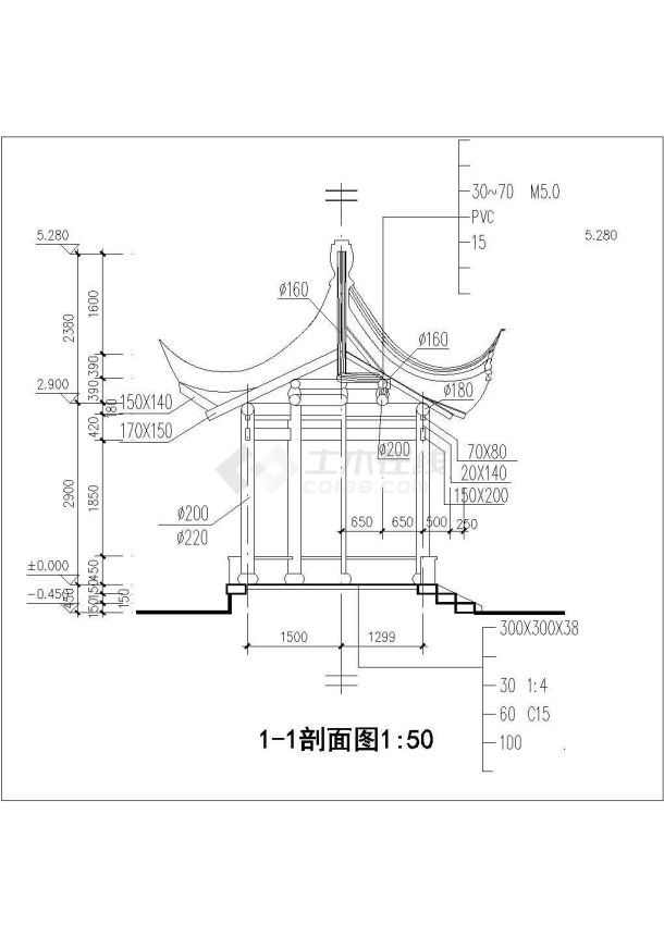 某单层砖木结构古建亭子建筑方案图系列六角组合亭高4米