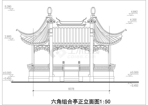 某单层砖木结构古建亭子建筑方案图系列-六角组合亭（高4米）-图二