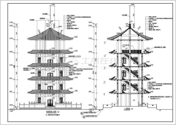 某地五层仿古嘹望塔及单层管理用房建筑设计施工图-图一