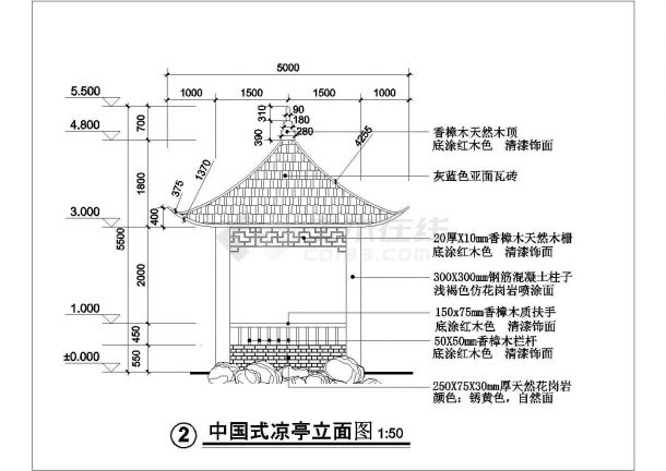 一套中式四角凉亭的景观设计施工图纸-图一