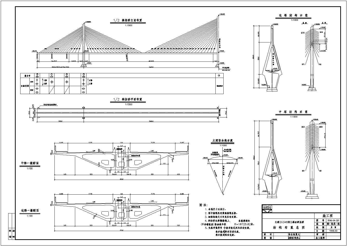 长江大桥三塔单索面预应力混凝土箱型斜拉桥施工图设计（鲁班奖）