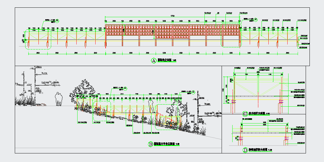 一个异形木平台及中式木栅栏的详细设计施工图