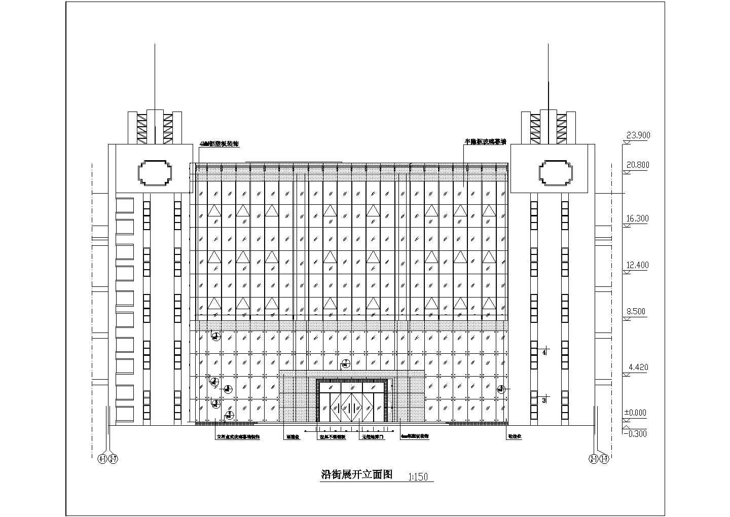 某地上三层办公室玻璃幕墙装饰工程施工图纸