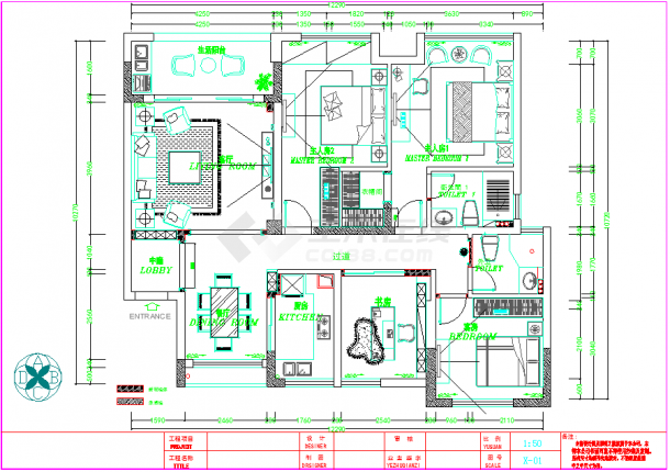 【绍兴】某地欧式风格三居室住宅装修设计施工图（含效果图）-图一