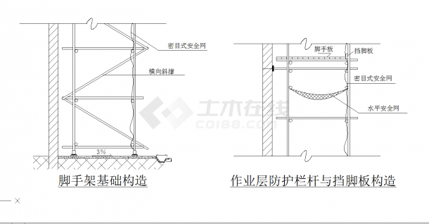 某地脚手架基础作业层防护栏杆与挡脚板构造详图CAD图纸-图一