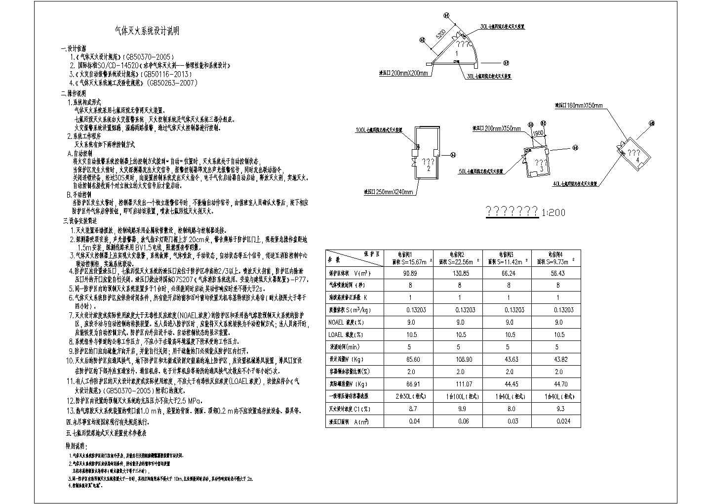 七氟丙烷气体灭火设计说明及平面布置图CAD图纸下载下载下载