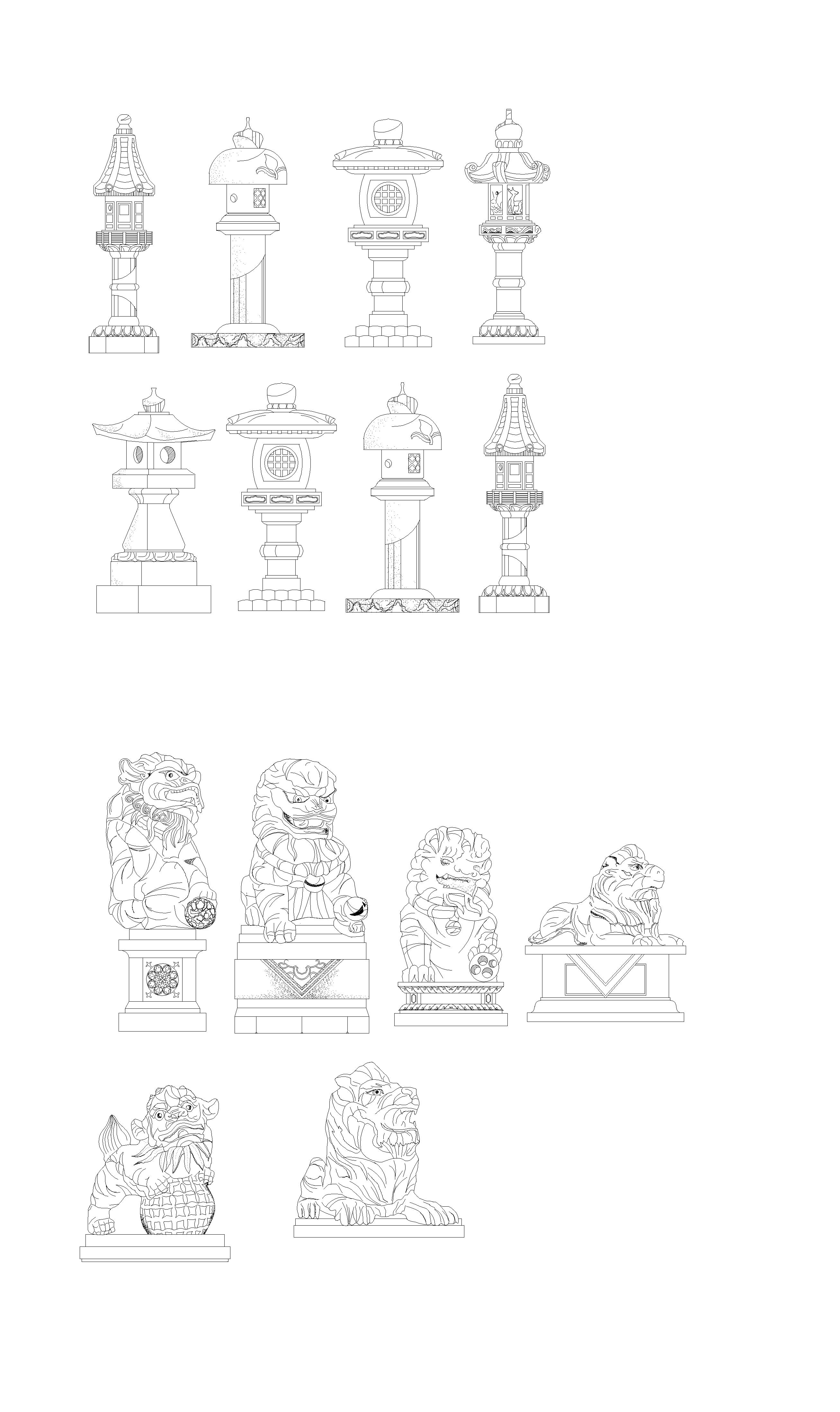 现代石狮子 雕塑 日式灯 CAD图块 多种类型合集 一比一 绘制 CAD 线条 图集