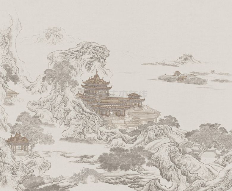 中式楼阁山水壁纸壁画 (17).jpeg-图一