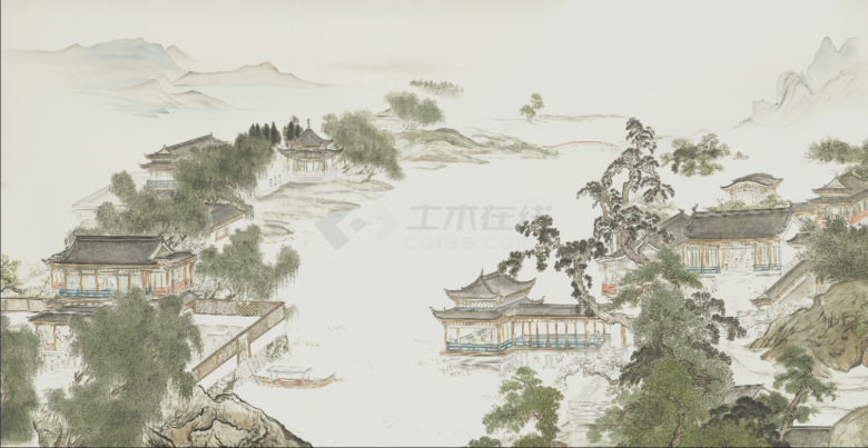 中式楼阁山水壁纸壁画 (2).png-图一