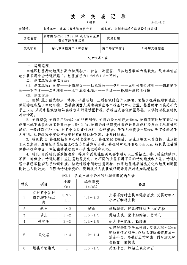 钻孔灌注桩施工（冲击钻）技术交底记录-图一