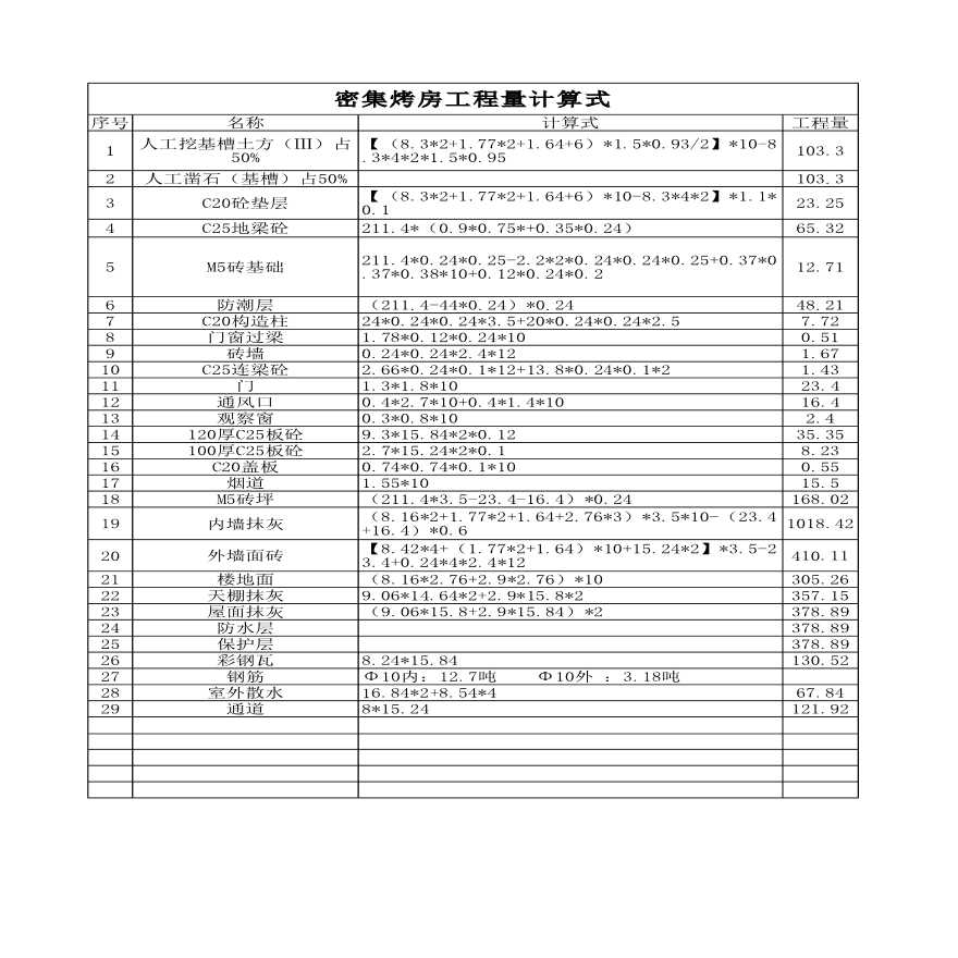 密集烤房工程量计算式