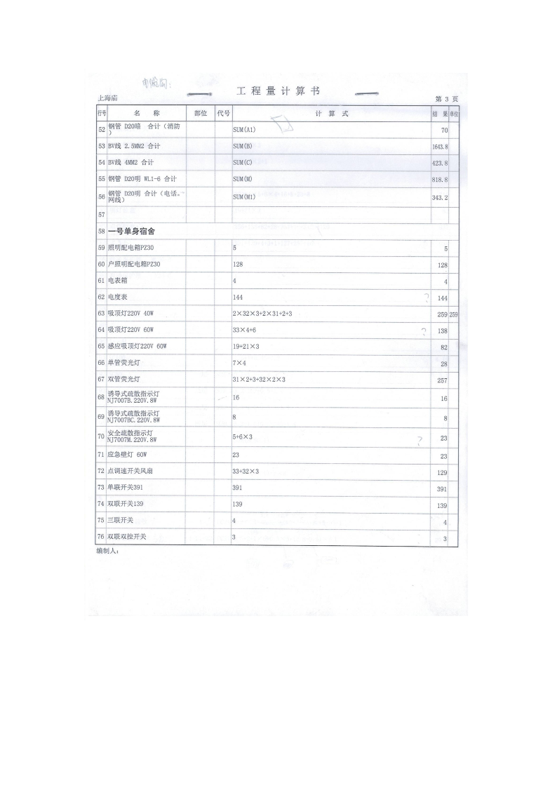 上海庙综合布线工程计算表