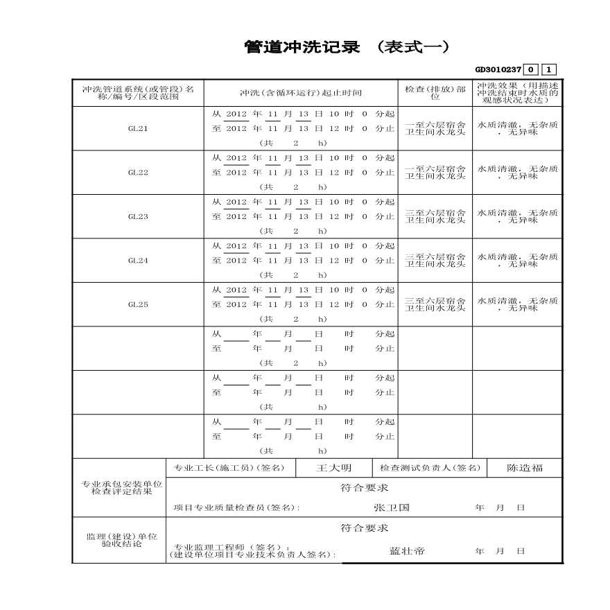 39 管道冲洗记录(表式一) GD3010237-图一