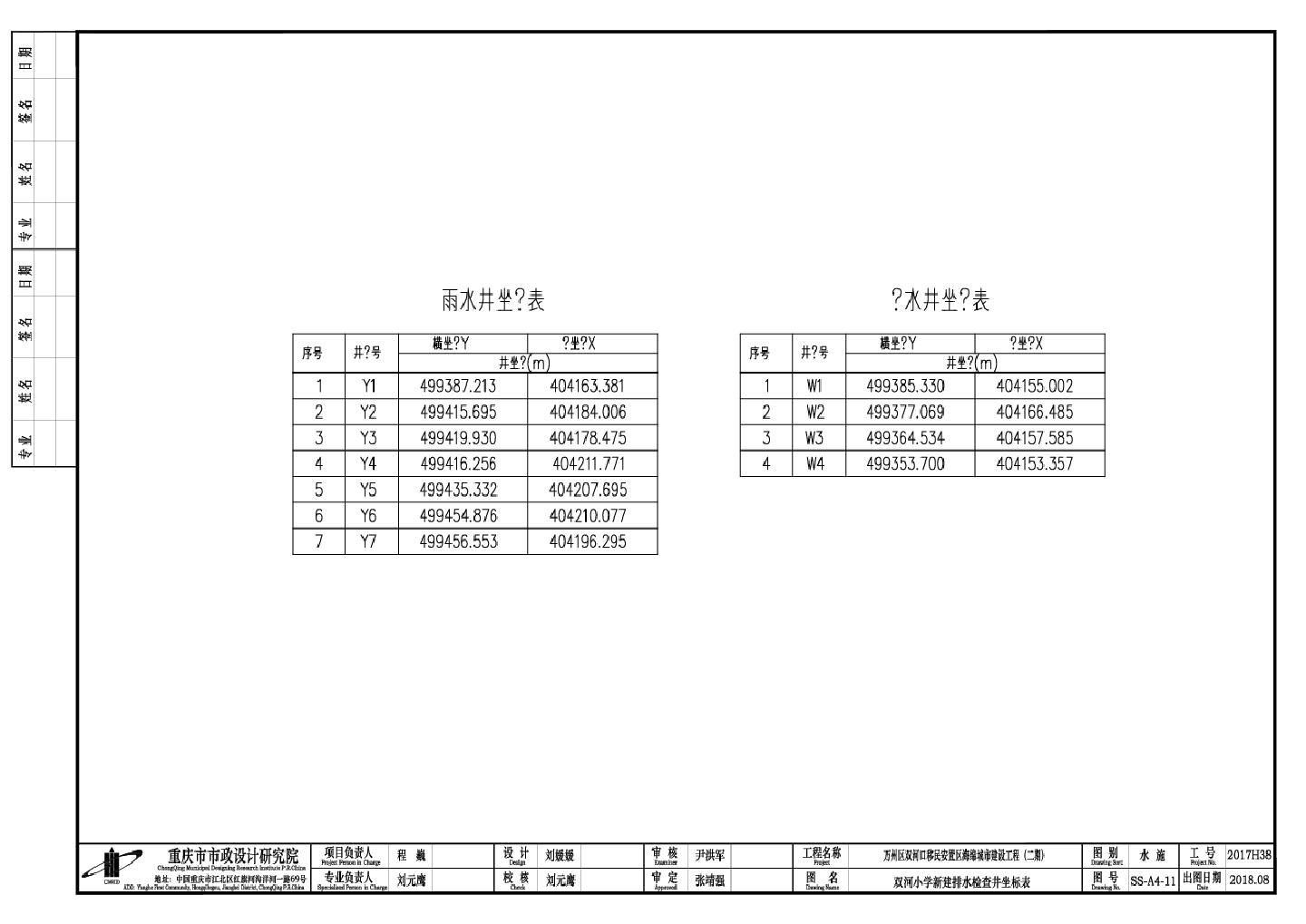 双河小学新建排水检查井坐标表