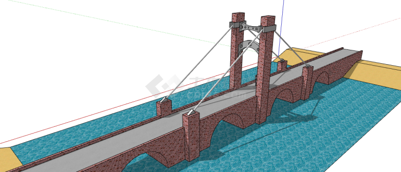中型红砖水泥悬索桥su模型-图二