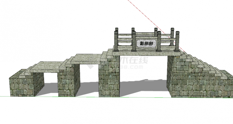 中式复古型砖瓦三层桥梁su模型-图二